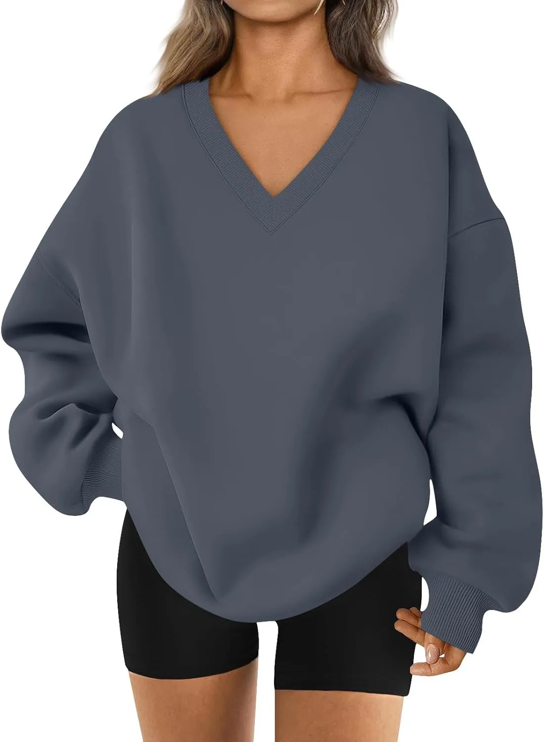 Oversized Sweatshirt For Women,2024 Trendy V Neck Soft Fleece Preppy Sweatshirt Long Sleeve Pullover Fall Clothes