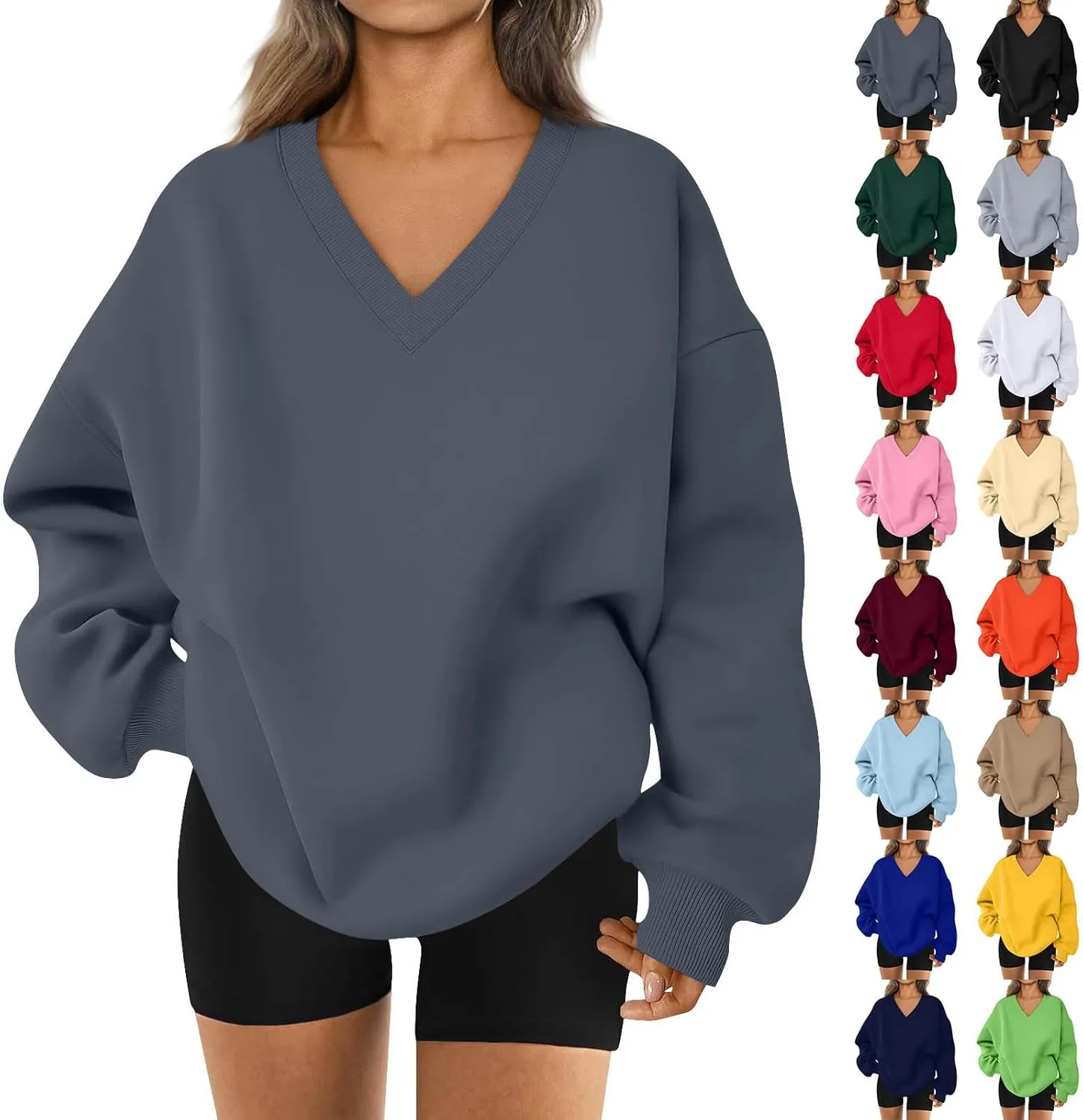 Oversized Sweatshirt For Women,2024 Trendy V Neck Soft Fleece Preppy Sweatshirt Long Sleeve Pullover Fall Clothes