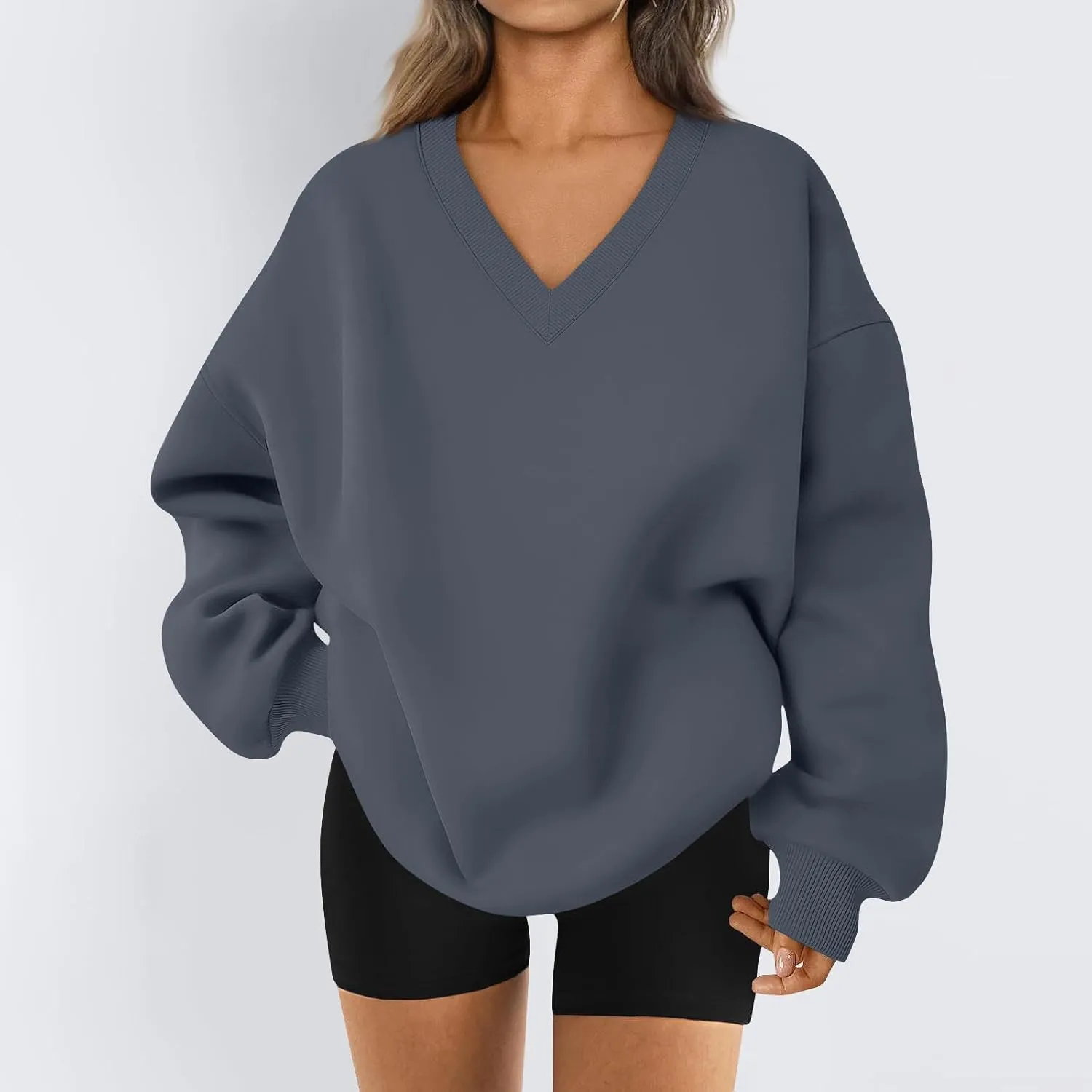 Oversized Sweatshirt For Women,2024 Trendy V Neck Soft Fleece Preppy Sweatshirt Long Sleeve Pullover Fall Clothes
