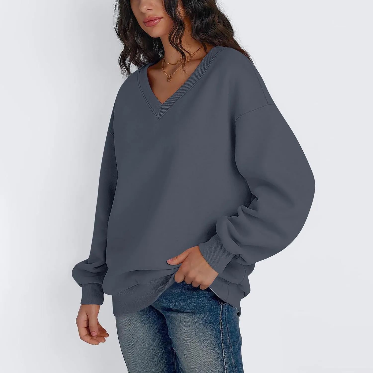 Oversized Sweatshirt For Women,2024 Trendy V Neck Soft Fleece Preppy Sweatshirt Long Sleeve Pullover Fall Clothes
