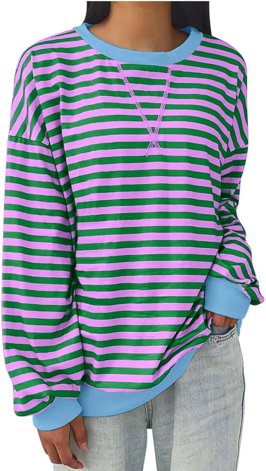 Oversized Sweatshirts for Women Casual Long Sleeve Stripes Sweatshirts Shirts Trendy Crewneck Tops Fall Fashion Clothes