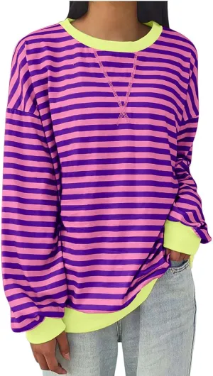 Oversized Sweatshirts for Women Casual Long Sleeve Stripes Sweatshirts Shirts Trendy Crewneck Tops Fall Fashion Clothes