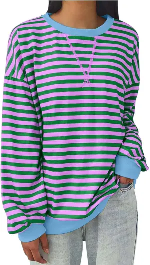 Oversized Sweatshirts for Women Casual Long Sleeve Stripes Sweatshirts Shirts Trendy Crewneck Tops Fall Fashion Clothes