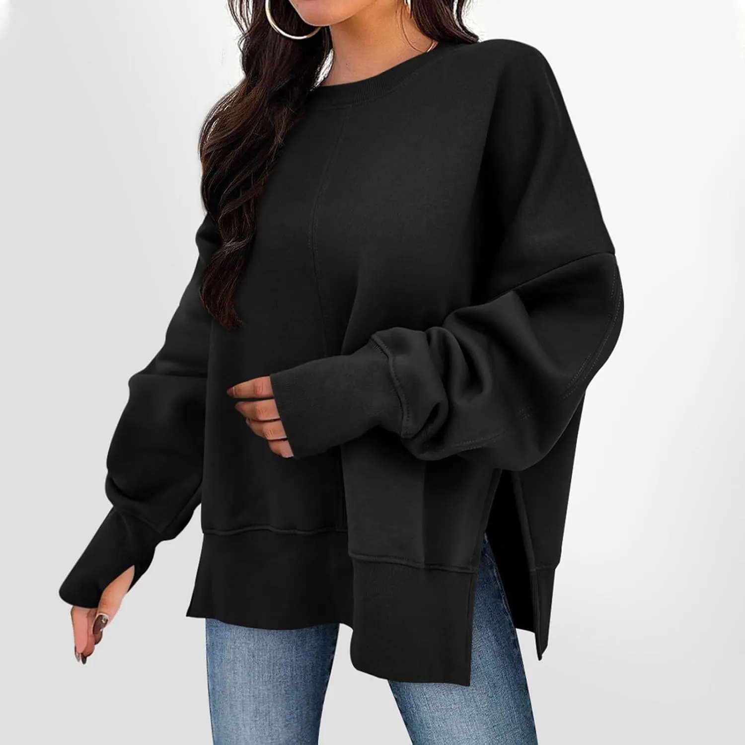 Oversized Sweatshirts Women Casual Loose Fit Crewneck Thumb Hole Sweatshirts High Low Split Hem Trendy Hoodies