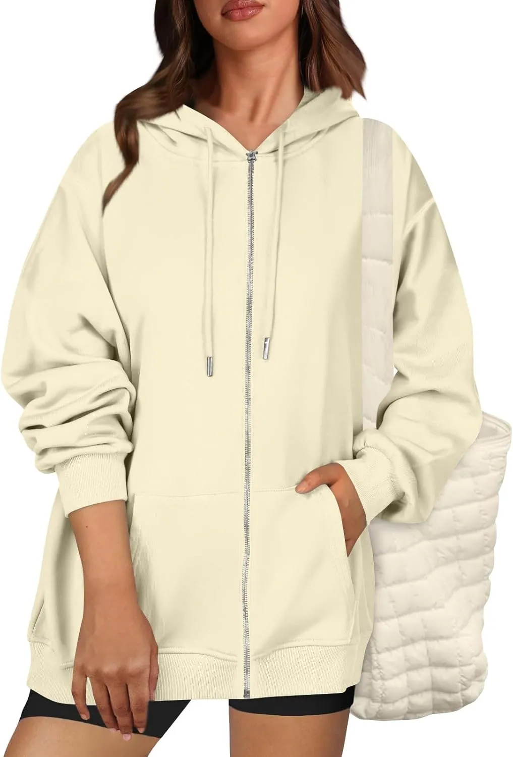 Oversized Zip Up Hoodie for Women Y2k Drawstring Fleece Jacket Long Sleeve Hooded Pullover Sweatshirts with Pockets