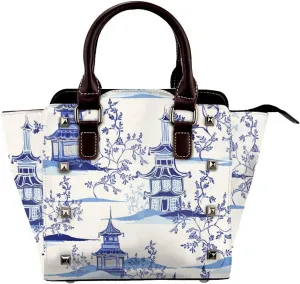 Pagodas Chinoiserie Women Leather Handbag Rivet Shoulder Bag Top Handle Satchel Purse