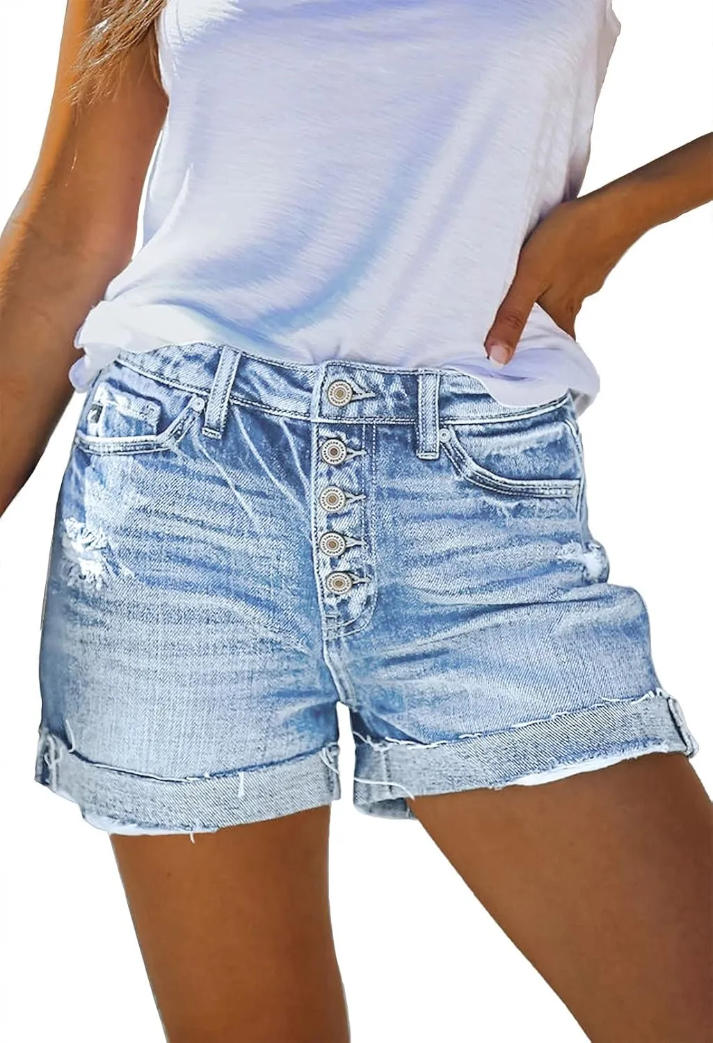 Pink Queen Women's High Waisted Denim Shorts Casual Ripped Summer Hot Short Jeans Frayed Distressed Jeans Shorts with Pockets