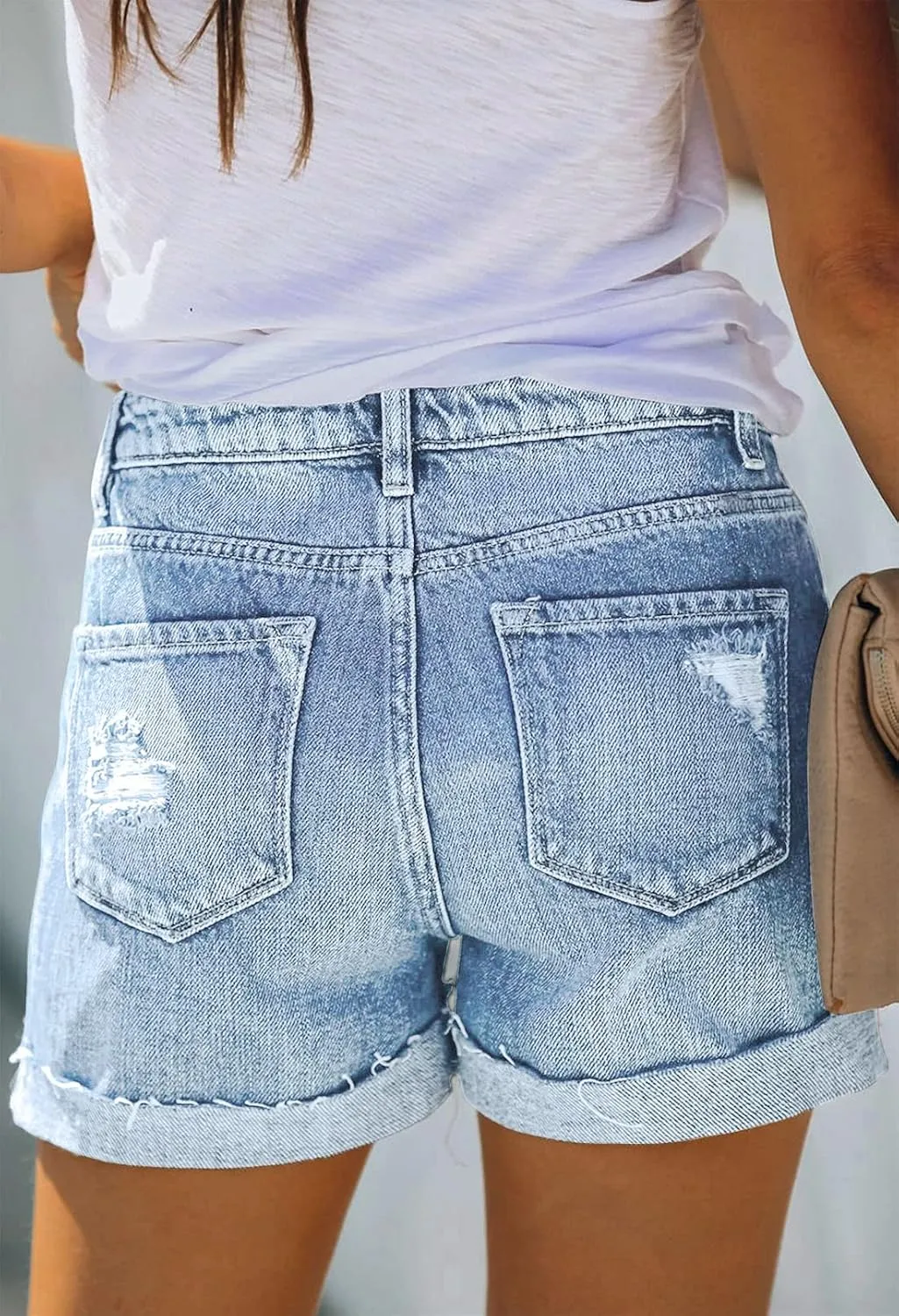 Pink Queen Women's High Waisted Denim Shorts Casual Ripped Summer Hot Short Jeans Frayed Distressed Jeans Shorts with Pockets