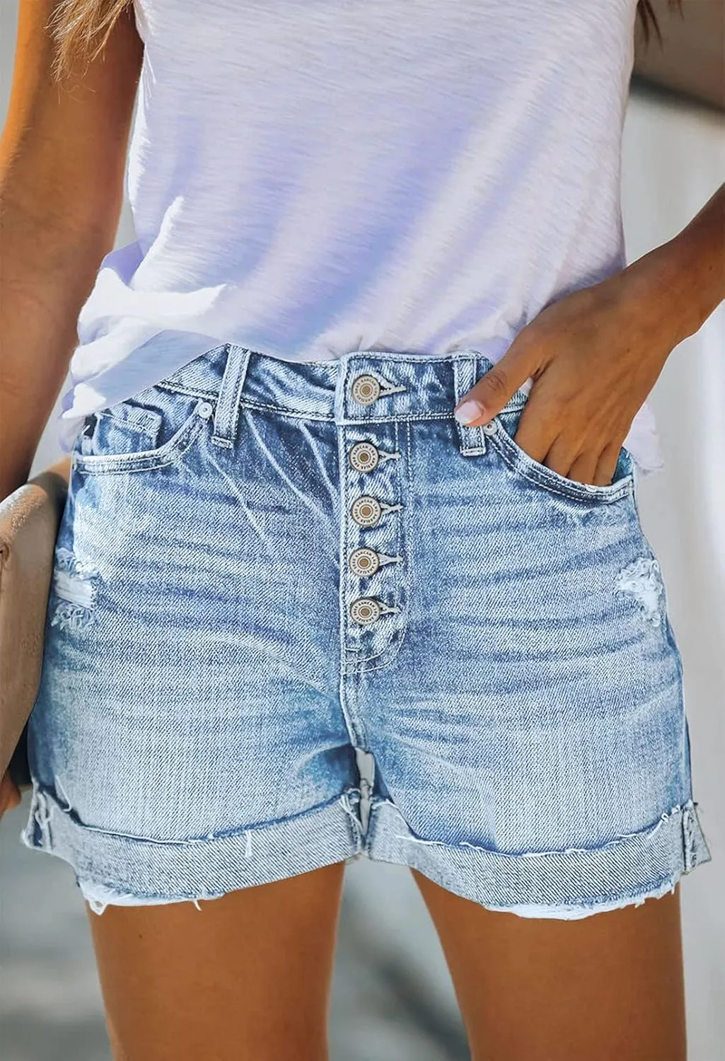 Pink Queen Women's High Waisted Denim Shorts Casual Ripped Summer Hot Short Jeans Frayed Distressed Jeans Shorts with Pockets