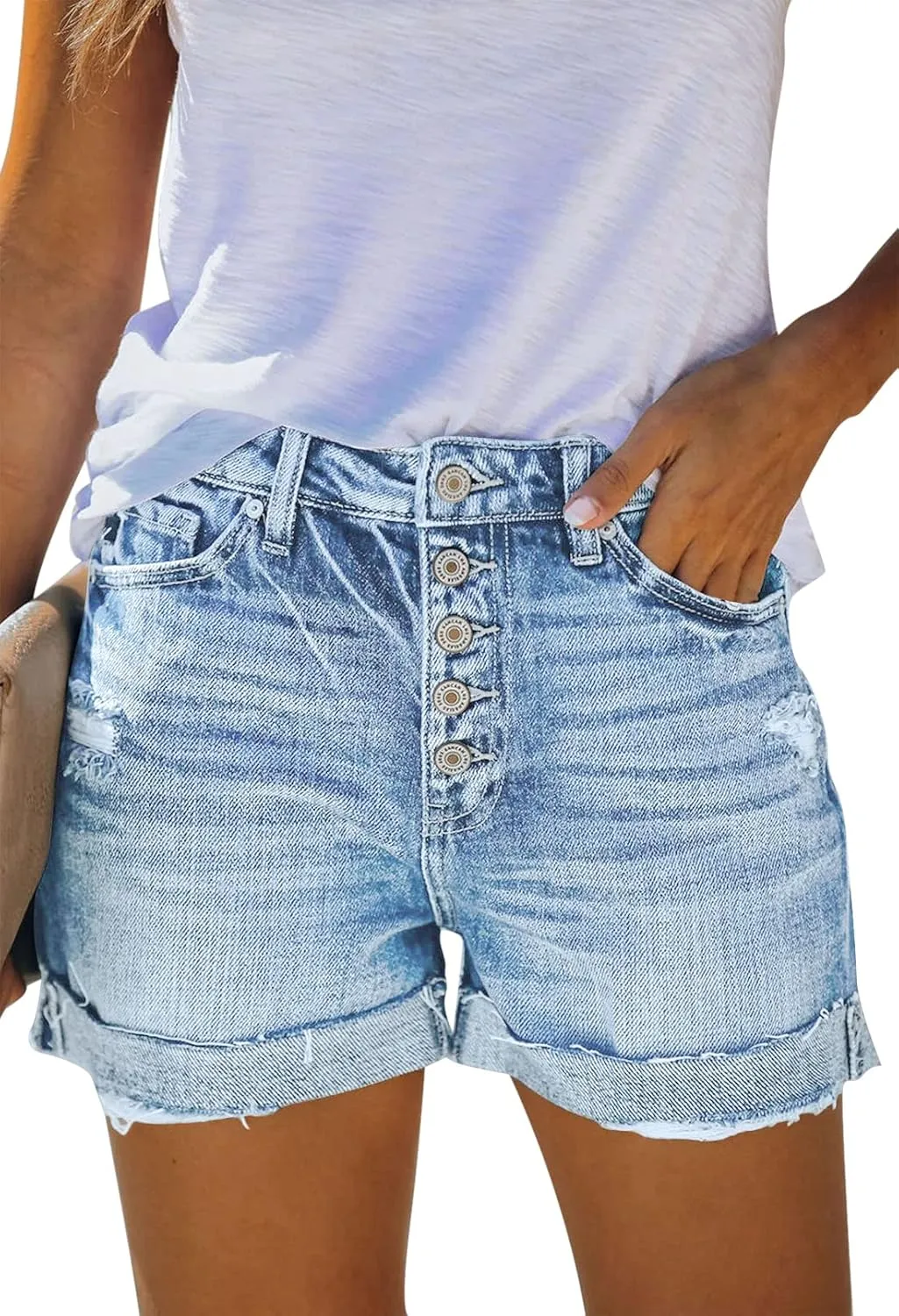Pink Queen Women's High Waisted Denim Shorts Casual Ripped Summer Hot Short Jeans Frayed Distressed Jeans Shorts with Pockets