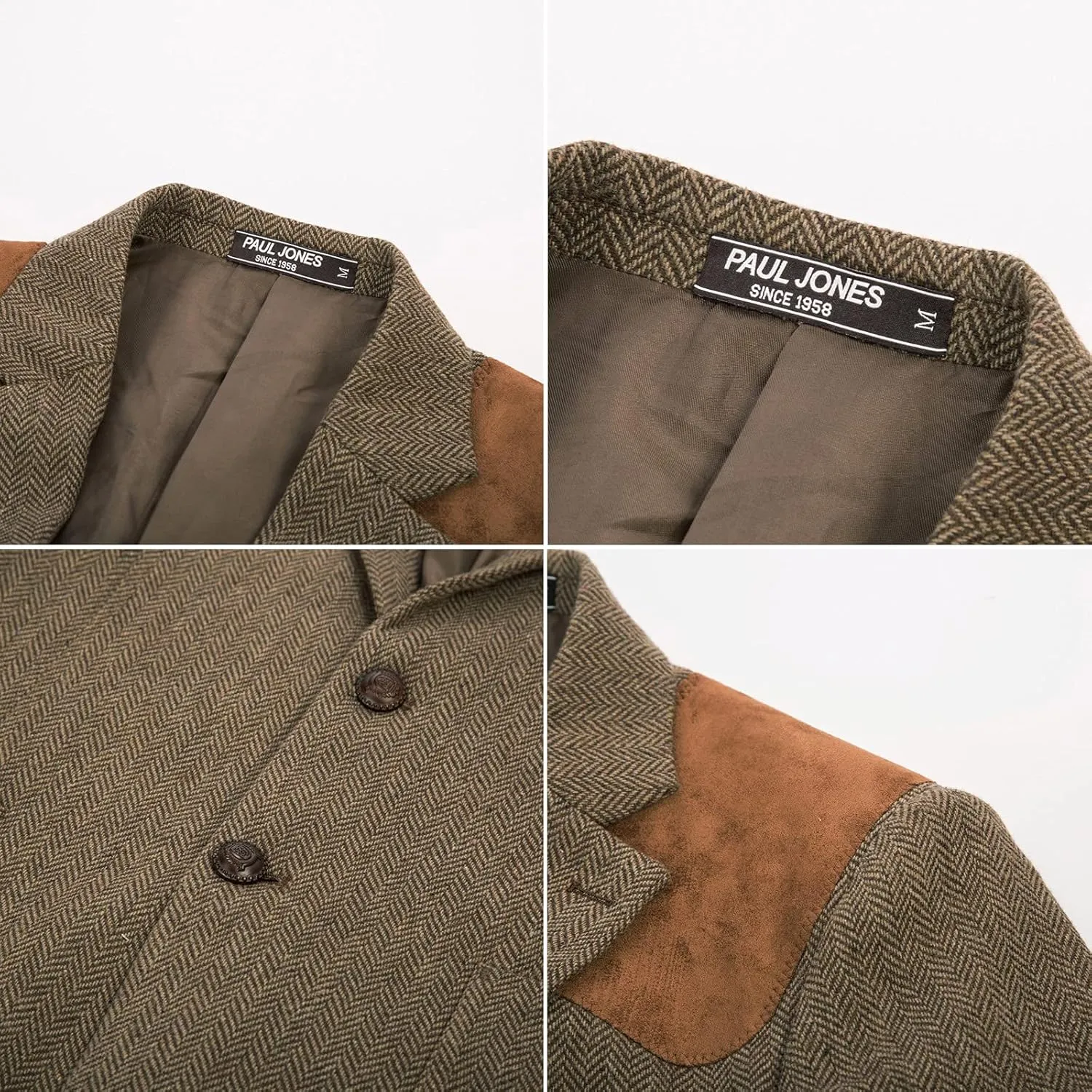 PJ PAUL JONES Men's Blazer Herringbone Tweed Sport Coats Two Button Wool Blend Formal Jacket