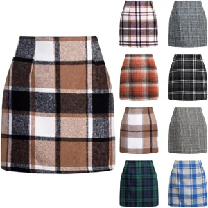 Plaid Skirts for Women Plus Size High Waisted Bodycon Pencil Skirt Casual Vintage Fall Winter Flannel Wool Skirt
