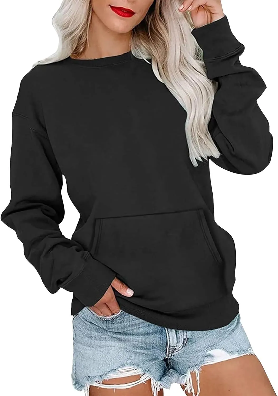 Plain Crewneck Sweatshirts Women Lightweight Fleece Oversized Sweatshirt Pullover Long Sleeve Tops Kangaroo Pocket