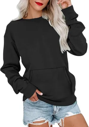 Plain Crewneck Sweatshirts Women Lightweight Fleece Oversized Sweatshirt Pullover Long Sleeve Tops Kangaroo Pocket