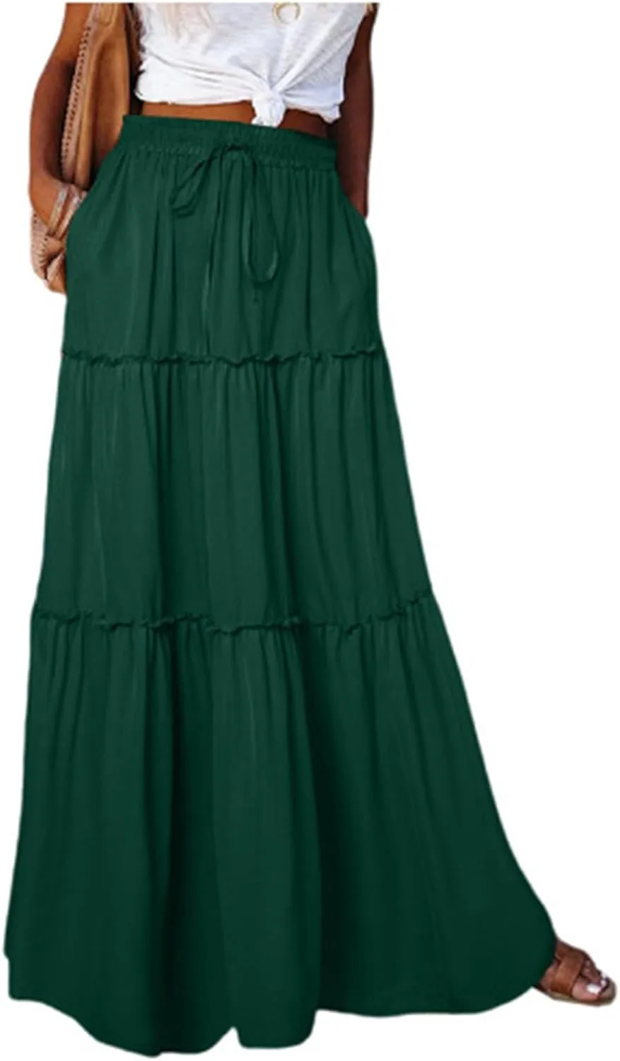 Pleated Long Skirts for Women Summer Casual Elastic High Waisted Skirts A-Line Flowy Swing Maxi Skirt with Pockets