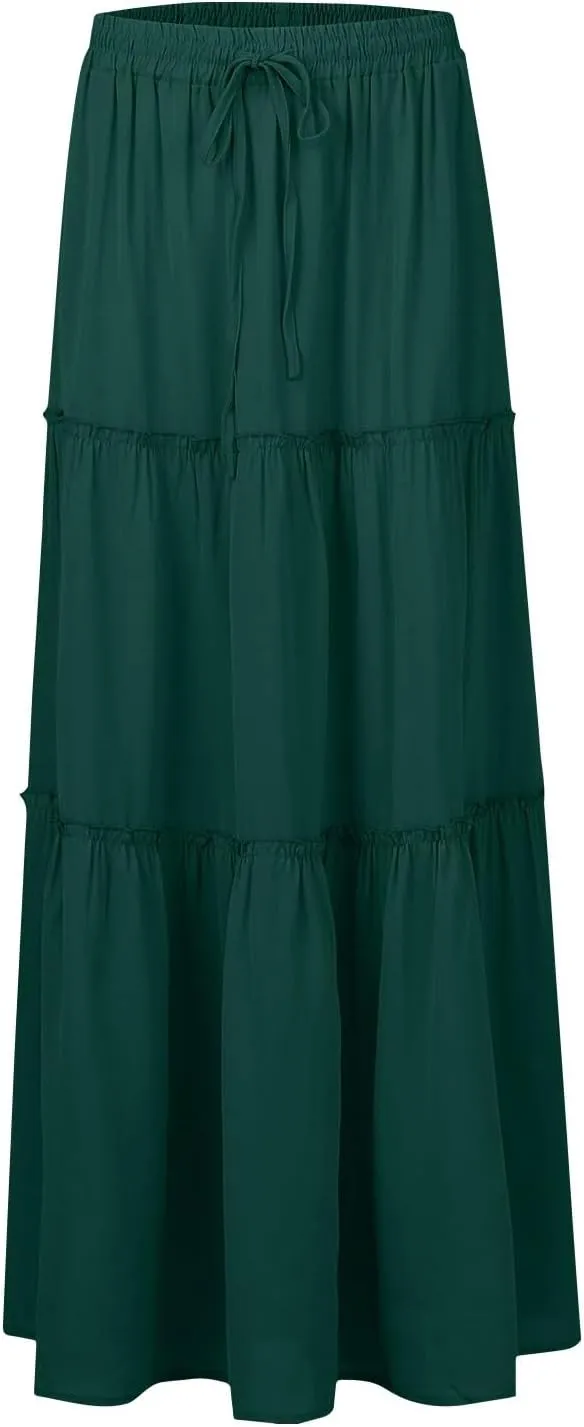 Pleated Long Skirts for Women Summer Casual Elastic High Waisted Skirts A-Line Flowy Swing Maxi Skirt with Pockets