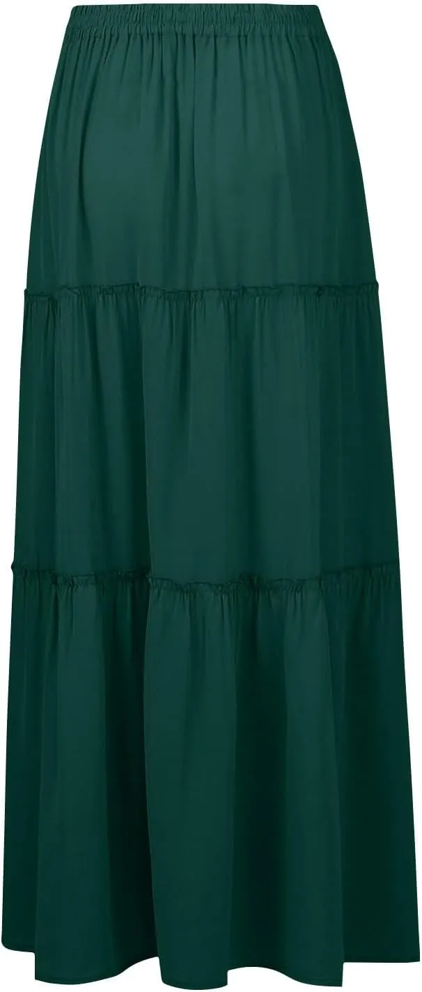 Pleated Long Skirts for Women Summer Casual Elastic High Waisted Skirts A-Line Flowy Swing Maxi Skirt with Pockets
