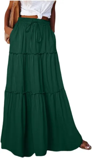 Pleated Long Skirts for Women Summer Casual Elastic High Waisted Skirts A-Line Flowy Swing Maxi Skirt with Pockets