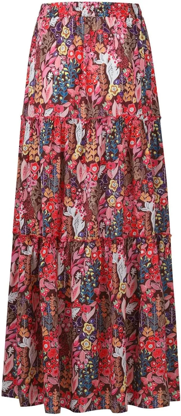 Pleated Long Skirts for Women Summer Casual Elastic High Waisted Skirts A-Line Flowy Swing Maxi Skirt with Pockets