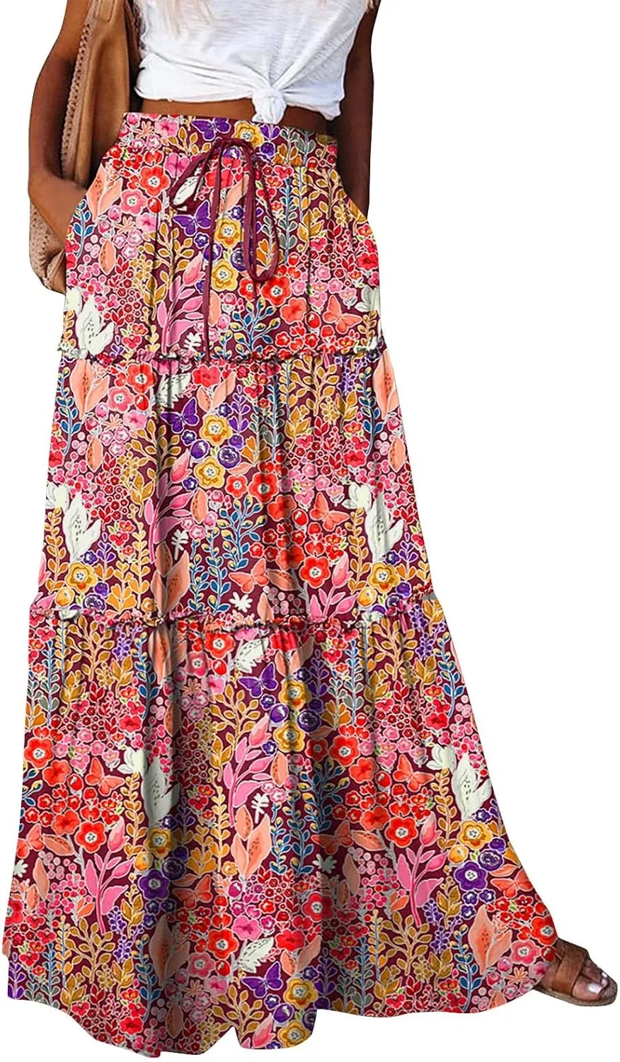 Pleated Long Skirts for Women Summer Casual Elastic High Waisted Skirts A-Line Flowy Swing Maxi Skirt with Pockets