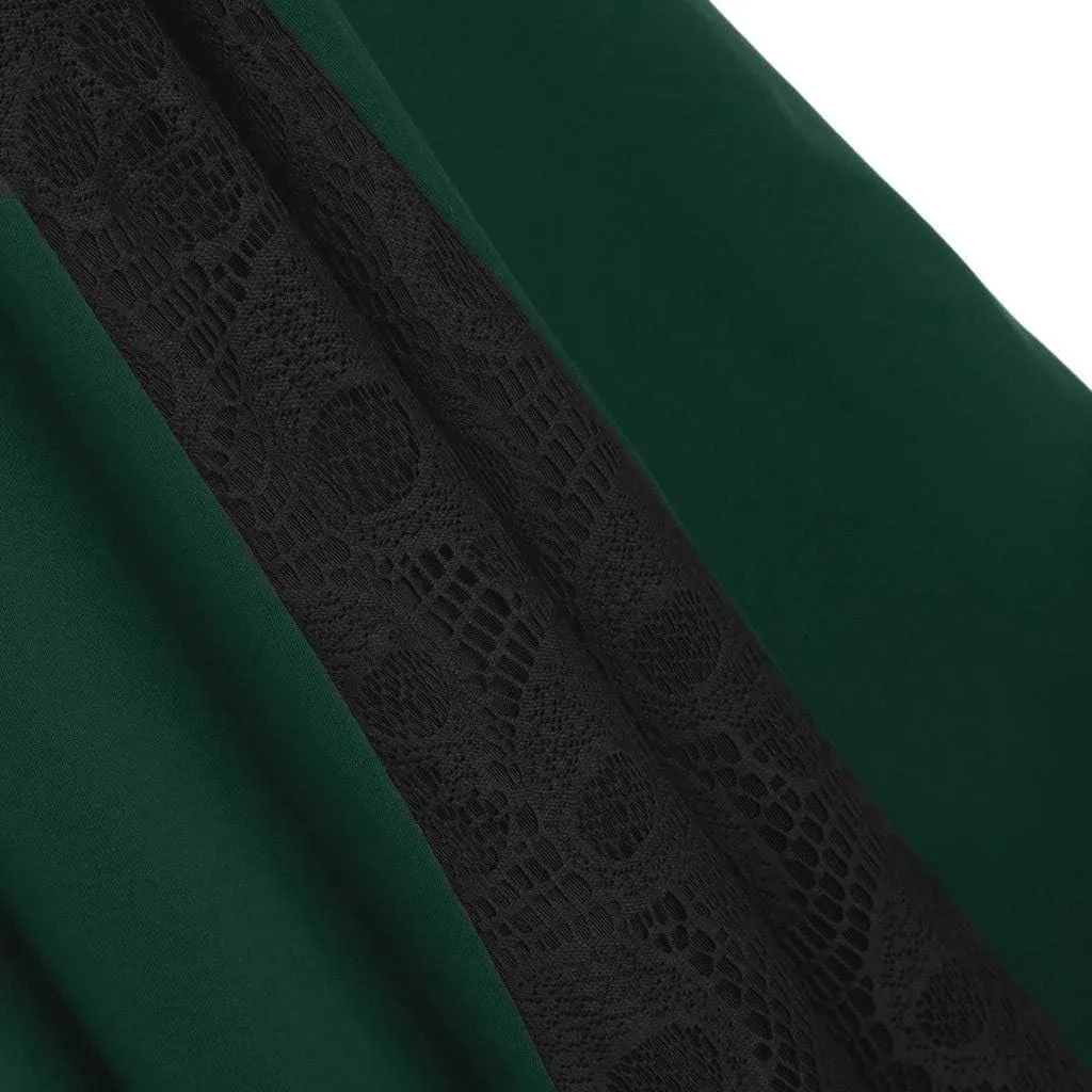 Plus Size Midi Gothic Skirts for Womens High Waist Lace Up Maxi Pleated Skirts Lace Patchwork Dresses
