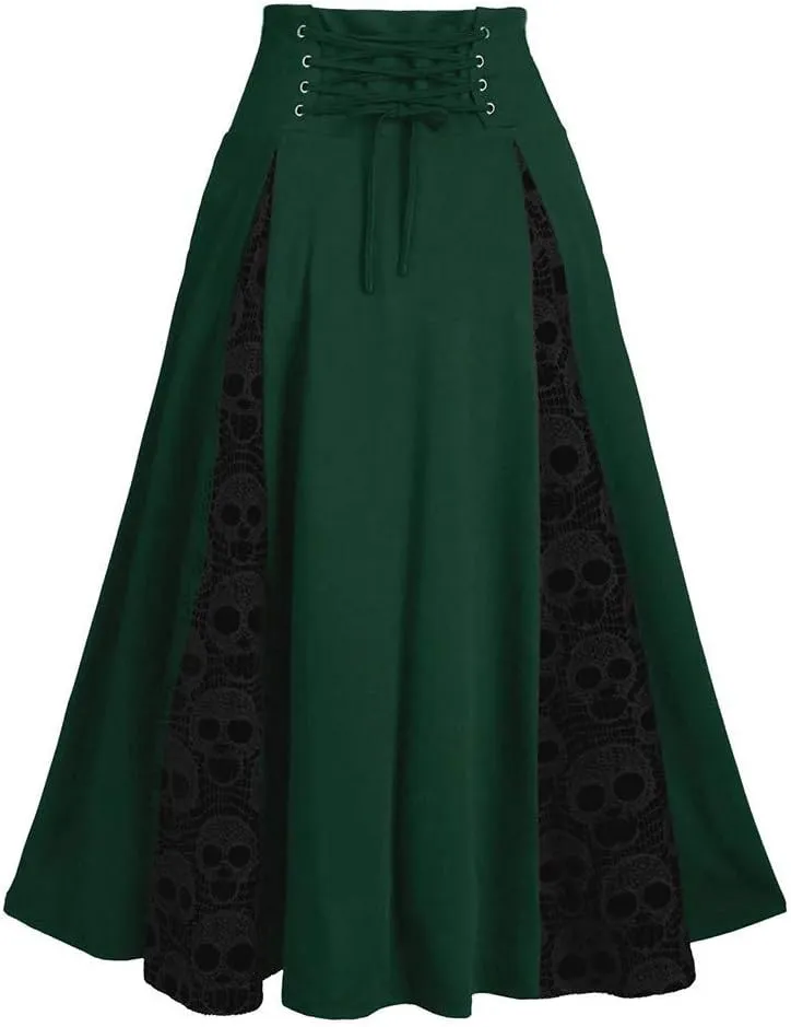 Plus Size Midi Gothic Skirts for Womens High Waist Lace Up Maxi Pleated Skirts Lace Patchwork Dresses