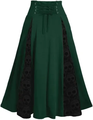 Plus Size Midi Gothic Skirts for Womens High Waist Lace Up Maxi Pleated Skirts Lace Patchwork Dresses
