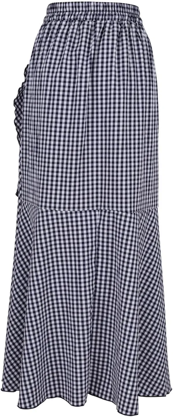 Plus Size Skirts for Women Ruffle Mermaid Skirt Flowy Long Plaid Skirts High Waisted Maxi Skirt Lace Up A Line Skirts