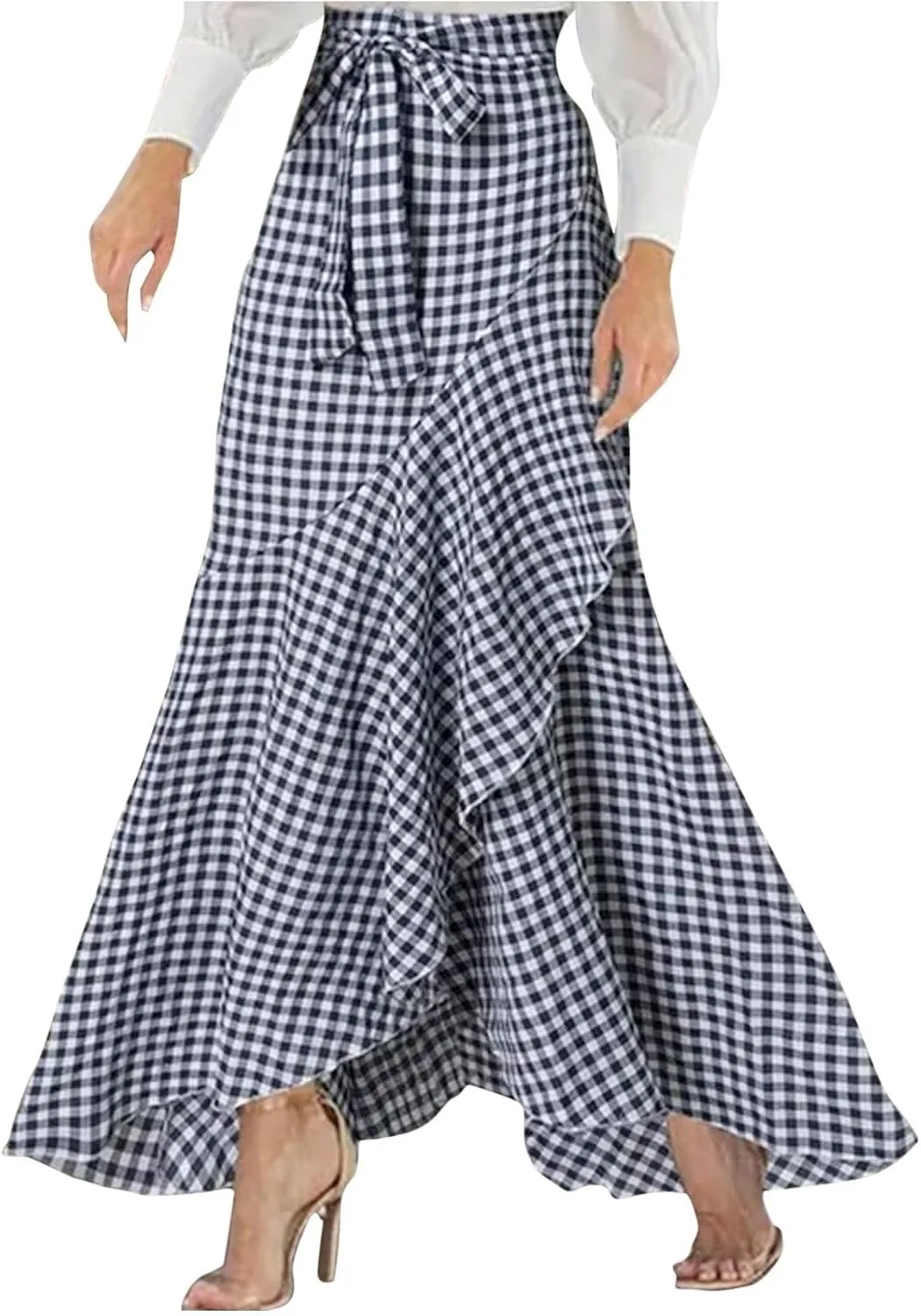 Plus Size Skirts for Women Ruffle Mermaid Skirt Flowy Long Plaid Skirts High Waisted Maxi Skirt Lace Up A Line Skirts