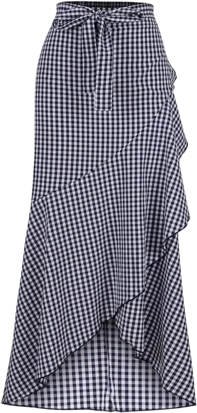 Plus Size Skirts for Women Ruffle Mermaid Skirt Flowy Long Plaid Skirts High Waisted Maxi Skirt Lace Up A Line Skirts
