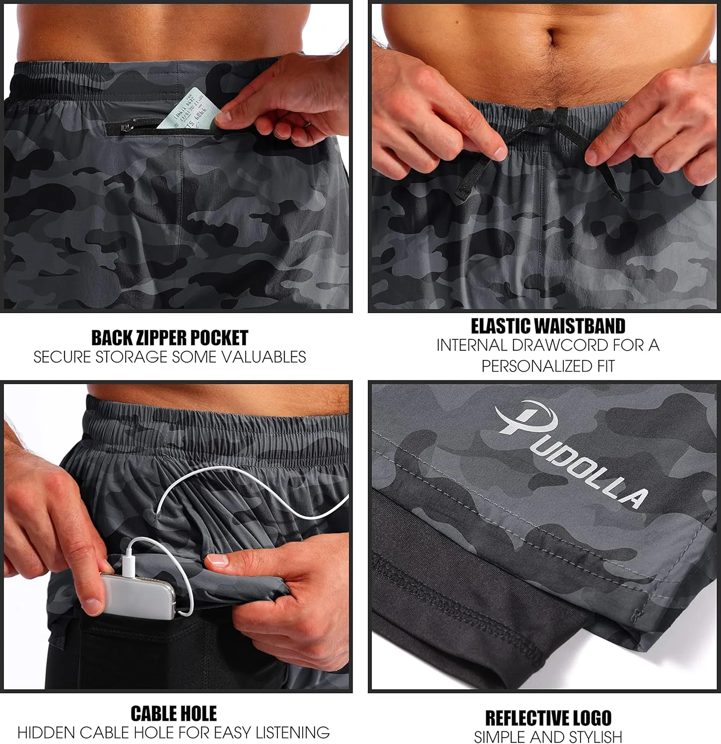 Pudolla Mens 2 in 1 Running Shorts 7" Quick Dry Gym Athletic Workout Shorts for Men with Phone Pockets