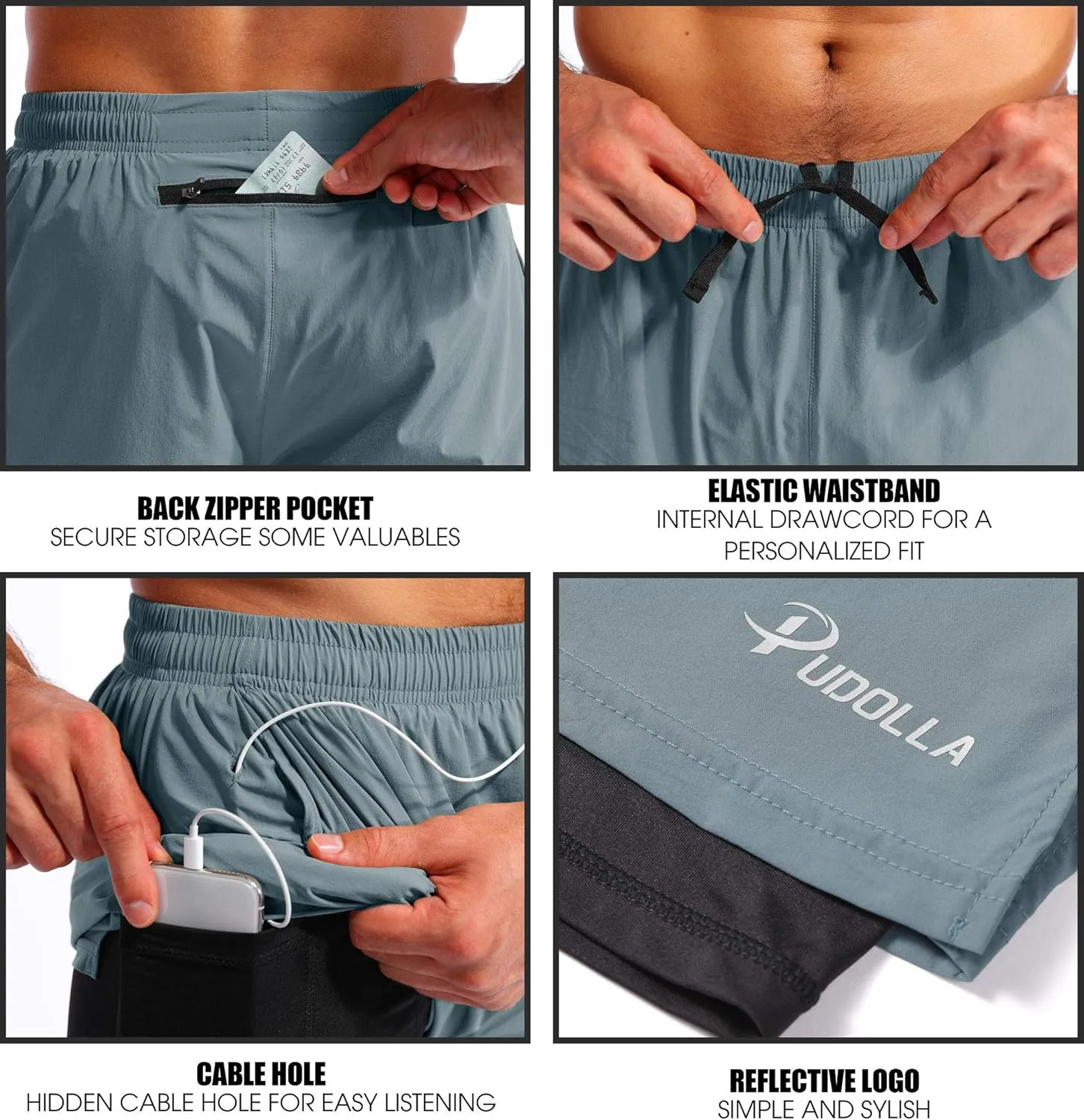 Pudolla Mens 2 in 1 Running Shorts 7" Quick Dry Gym Athletic Workout Shorts for Men with Phone Pockets