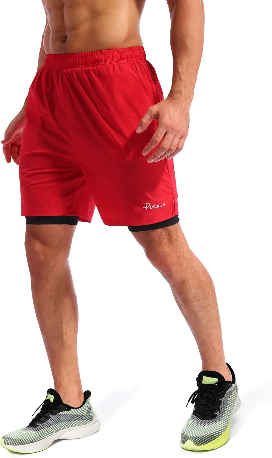 Pudolla Mens 2 in 1 Running Shorts 7" Quick Dry Gym Athletic Workout Shorts for Men with Phone Pockets