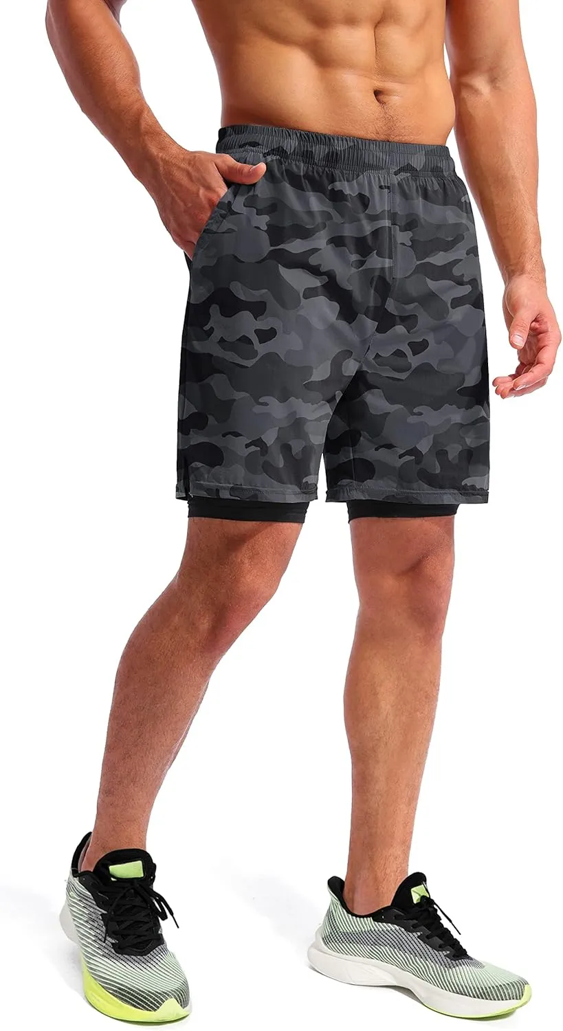 Pudolla Mens 2 in 1 Running Shorts 7" Quick Dry Gym Athletic Workout Shorts for Men with Phone Pockets