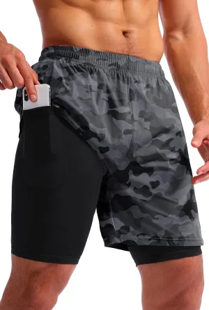 Pudolla Mens 2 in 1 Running Shorts 7" Quick Dry Gym Athletic Workout Shorts for Men with Phone Pockets