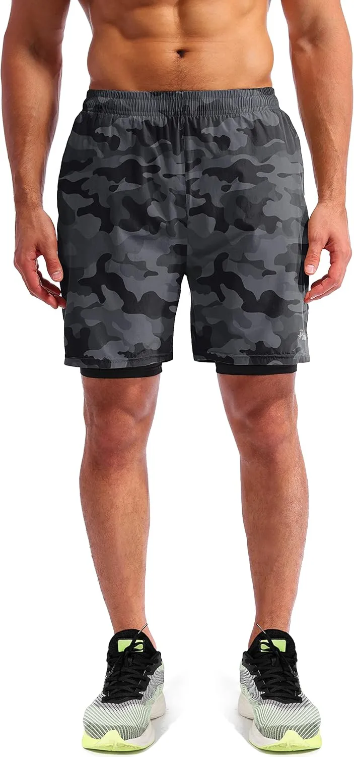 Pudolla Mens 2 in 1 Running Shorts 7" Quick Dry Gym Athletic Workout Shorts for Men with Phone Pockets