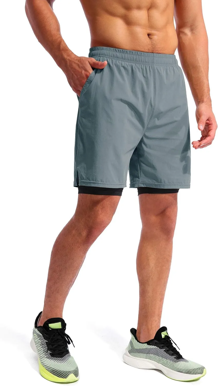 Pudolla Mens 2 in 1 Running Shorts 7" Quick Dry Gym Athletic Workout Shorts for Men with Phone Pockets