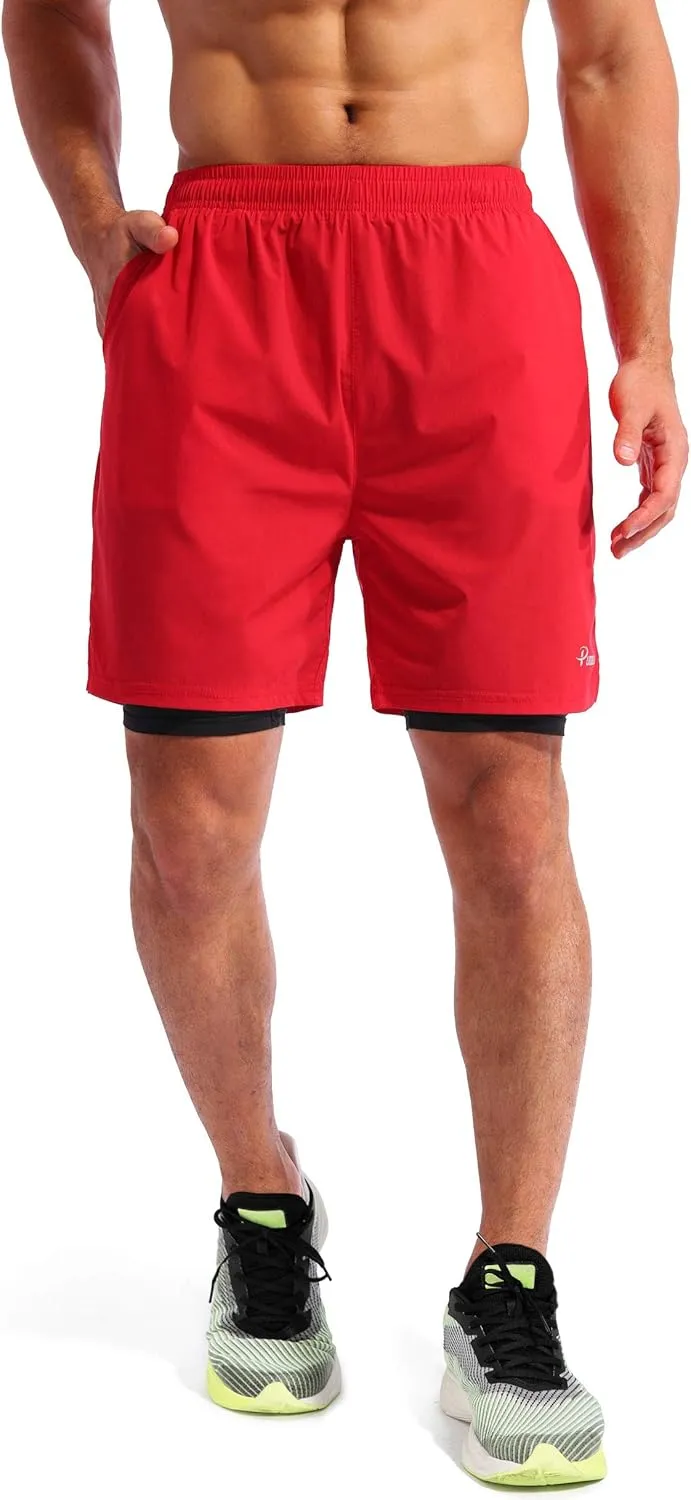 Pudolla Mens 2 in 1 Running Shorts 7" Quick Dry Gym Athletic Workout Shorts for Men with Phone Pockets