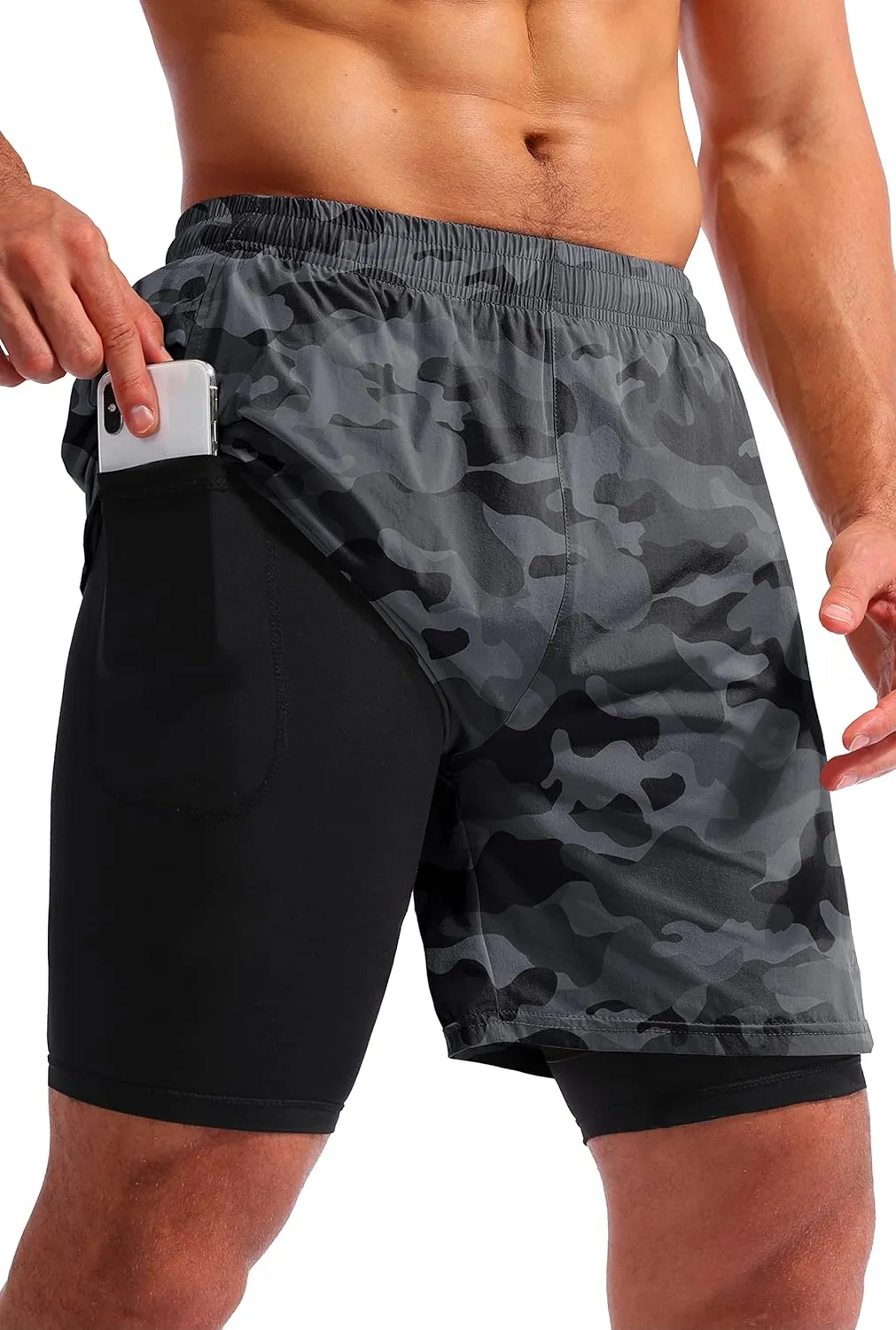 Pudolla Mens 2 in 1 Running Shorts 7" Quick Dry Gym Athletic Workout Shorts for Men with Phone Pockets