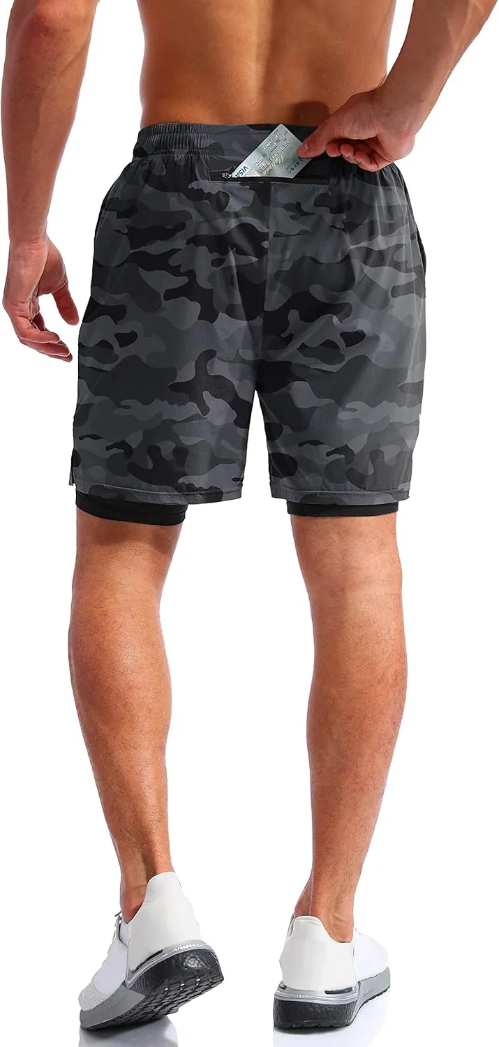 Pudolla Mens 2 in 1 Running Shorts 7" Quick Dry Gym Athletic Workout Shorts for Men with Phone Pockets