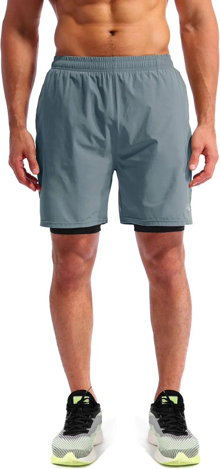 Pudolla Mens 2 in 1 Running Shorts 7" Quick Dry Gym Athletic Workout Shorts for Men with Phone Pockets