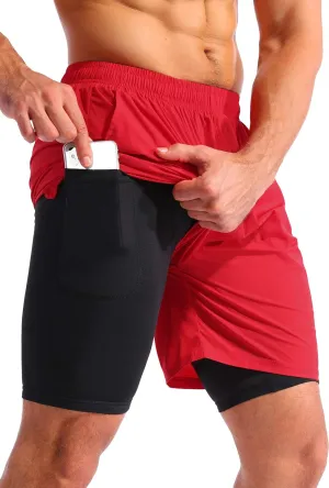 Pudolla Mens 2 in 1 Running Shorts 7" Quick Dry Gym Athletic Workout Shorts for Men with Phone Pockets