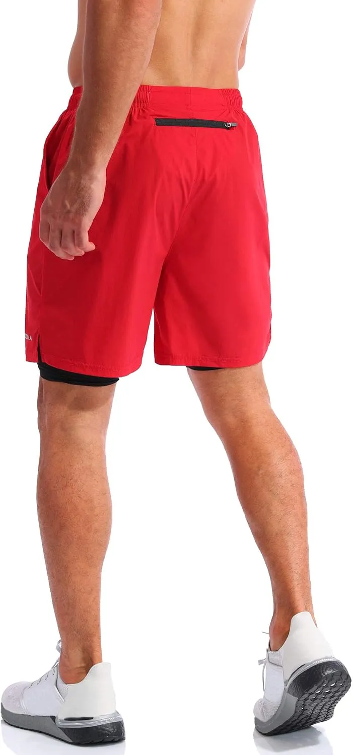 Pudolla Mens 2 in 1 Running Shorts 7" Quick Dry Gym Athletic Workout Shorts for Men with Phone Pockets