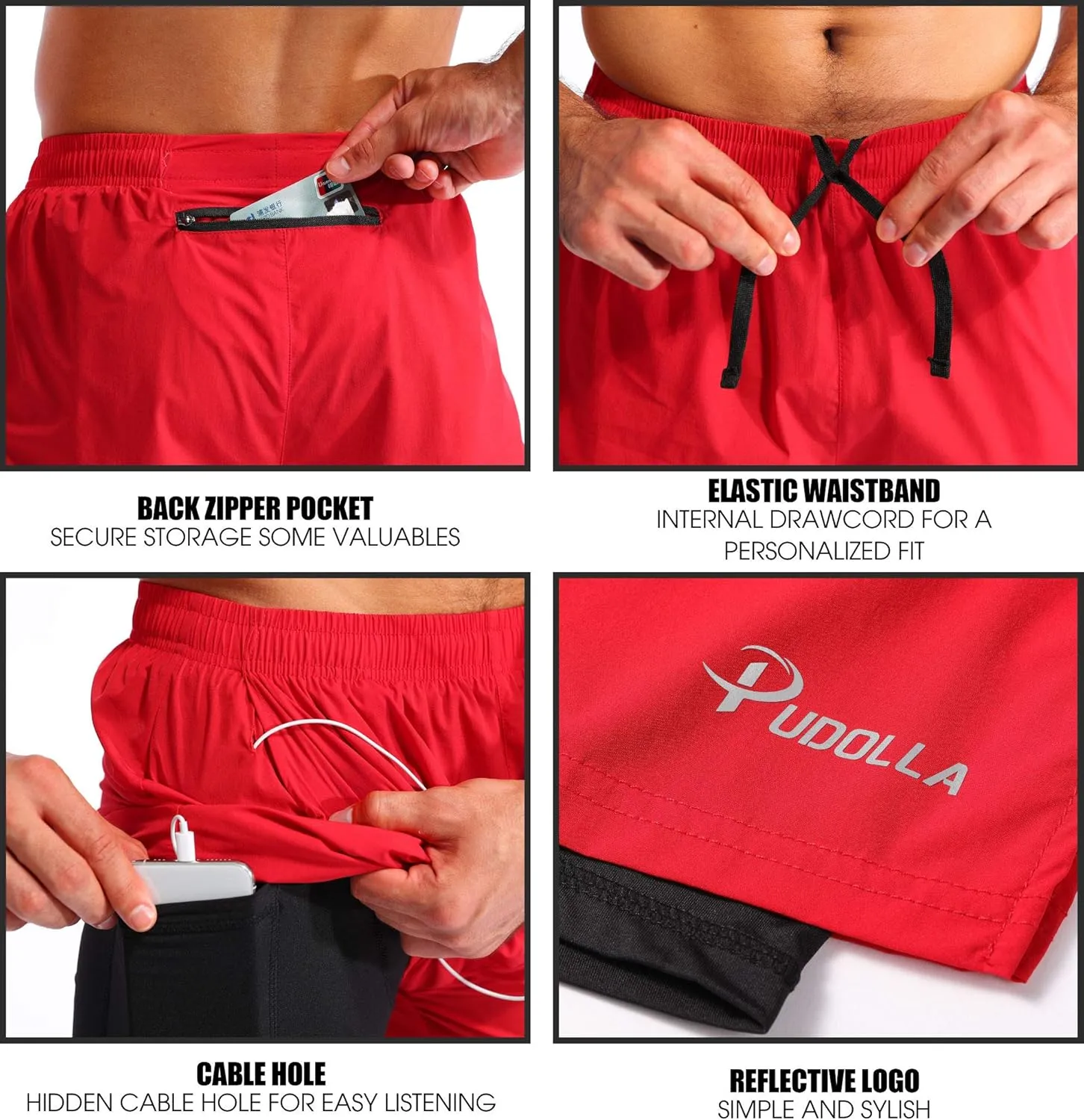 Pudolla Mens 2 in 1 Running Shorts 7" Quick Dry Gym Athletic Workout Shorts for Men with Phone Pockets