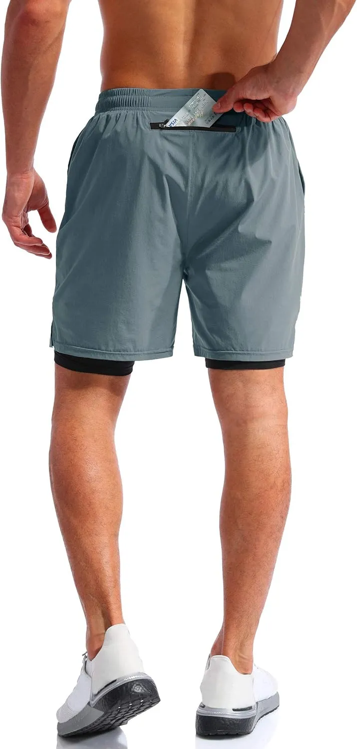 Pudolla Mens 2 in 1 Running Shorts 7" Quick Dry Gym Athletic Workout Shorts for Men with Phone Pockets