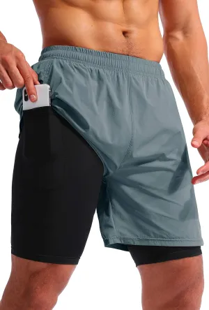 Pudolla Mens 2 in 1 Running Shorts 7" Quick Dry Gym Athletic Workout Shorts for Men with Phone Pockets