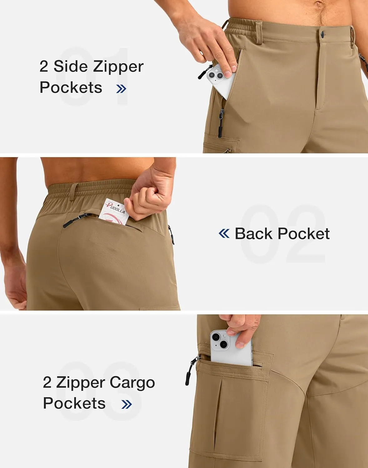 Pudolla Men's Hiking Shorts 11" Lightweight Cargo Work Shorts for Men Summer Travel Golf Casual Outdoor with 5 Pockets