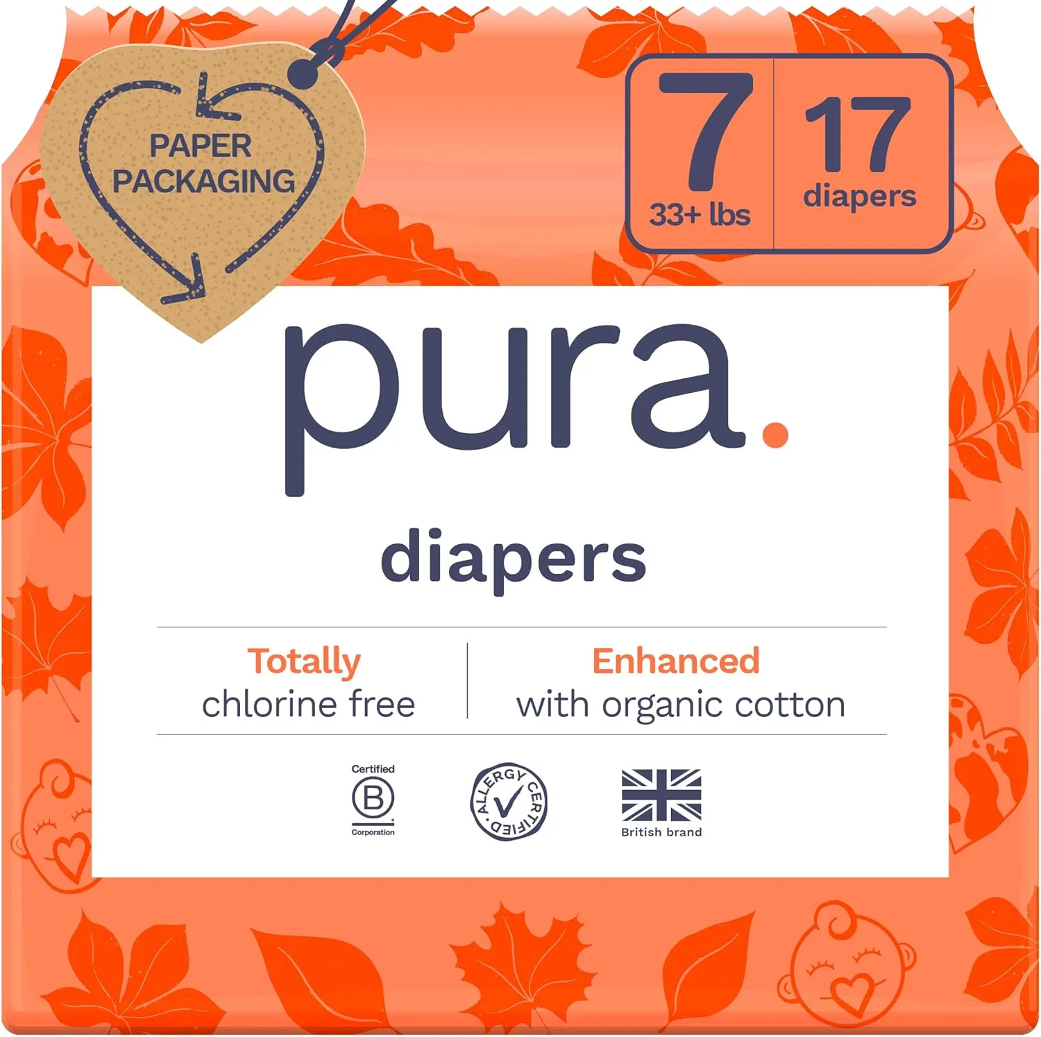Pura Size 7 Eco-Friendly Diapers (33 lbs) Totally Chlorine Free (TCF) Hypoallergenic, Soft Organic Cotton Comfort, Sustainable, up to 12 Hours Leak Protection, Allergy UK,1 Pack of 17 Diapers
