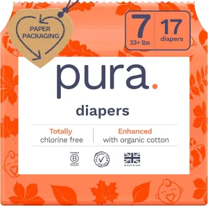 Pura Size 7 Eco-Friendly Diapers (33 lbs) Totally Chlorine Free (TCF) Hypoallergenic, Soft Organic Cotton Comfort, Sustainable, up to 12 Hours Leak Protection, Allergy UK,1 Pack of 17 Diapers