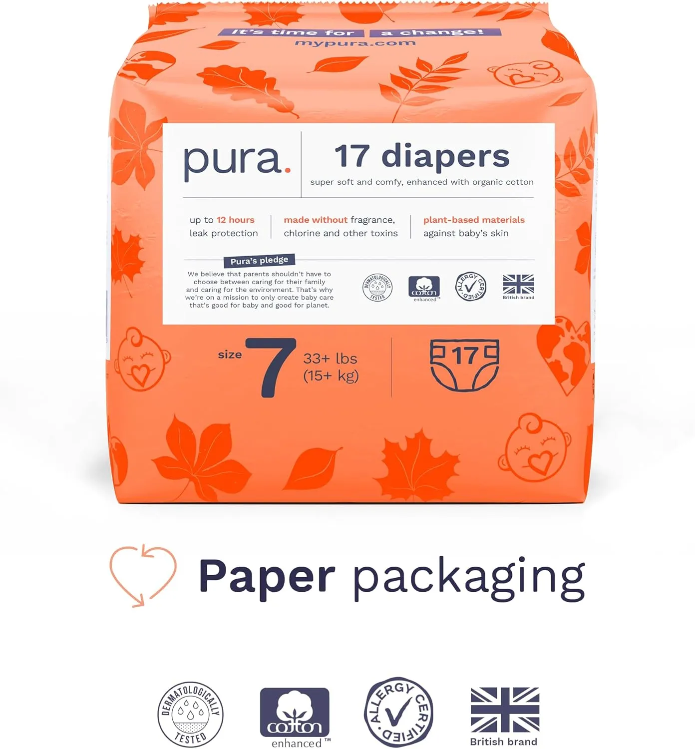Pura Size 7 Eco-Friendly Diapers (33 lbs) Totally Chlorine Free (TCF) Hypoallergenic, Soft Organic Cotton Comfort, Sustainable, up to 12 Hours Leak Protection, Allergy UK,1 Pack of 17 Diapers